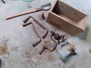 lot 48 image: Vintage Hog Scraping Tools, Sweedish Brush Ax, Small Oil Cans, Hand Drip, Wood Box See Photos