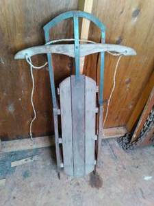 lot 92 image: Hiawatha Vintage Wooden Snow Sled WIth Metal Runners See Photos...