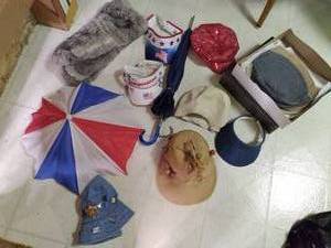 lot 117 image: Box of Hats, Animal Hide Mittens, &...