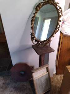 lot 141 image: Vintage Lot (Coat Rack, Mirror, Wash Board, and Plant Dolly)