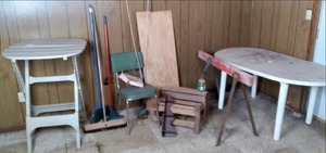 lot 281 image: Corner Lot of Goodies (Sawhorse, (2) Outdoor Patio Tables, Chair, Brooms, & More) See Photos