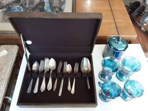 Chest Of Flatware & Blue Glassware
