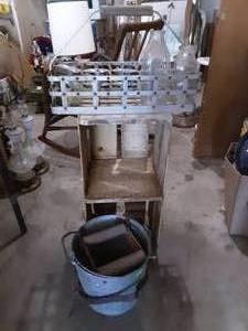 Crate, Bottle Rack & Bottles, Galvanized Mop Bucket