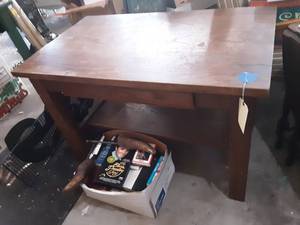 Oak Desk 27x44x29 & Box Of Books