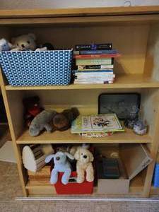 Stuffed animal, book, and gem and bead lot