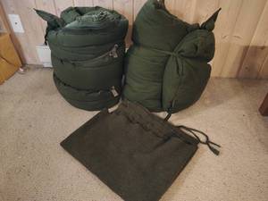 2 army sleeping bags and blanket