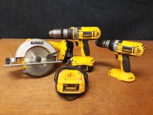lot 123 image: DeWalt 18V Cordless Drills, Circular Saw, 2 Batteries  and Charger