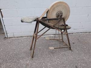 lot 130 image: Antique R-W Pedal Grinder - Wheel is about 17 Diameter and 2 Wide