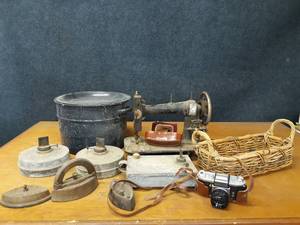 lot 134 image: Canning Pot, Antique Irons and Lamps, Camera and More