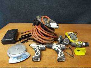 lot 139 image: Air Hose Reel and Hose (30), Cordless Drills, Scale and More