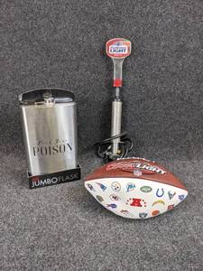 lot 84 image: Coors Light Football, 64 oz. Jumbo Flask, and Budweiser Light Keg Tap