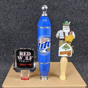 lot 182 image: Lot of 3 Beer Tap Handles - Red Wolf Red Ale, Miller Lite, and Summit Oktoberfest