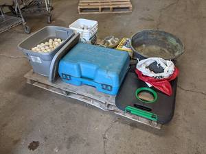 lot 297 image: Pallet Lot of Miscellaneous - Makita Drill, Golf Balls, Cornhole Boards with Bags, (2) Top-O-Matic Cigarette Machines, and More