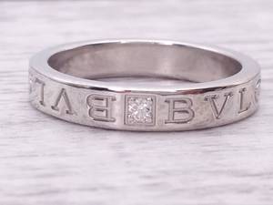 Designer BVLGARI Signed Diamond Double Logo Estate Ring in 18k White Gold with Original Box