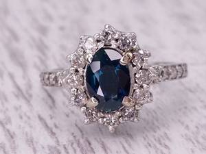Natural Midnight Blue Sapphire and Halo Diamond Ring in 14k Gold