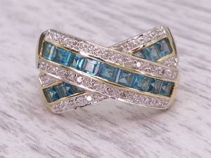 Amazing Blue Topaz and Diamond Cross Band Statement Ring in 14k Gold