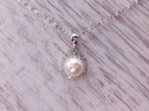 White Pearl and Diamond Halo Estate Necklace in 14k Gold