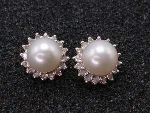 White Pearl and Diamond Halo Estate Earrings in 14k Gold