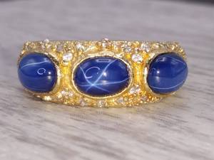 Mid Century 3 Stone Blue Star Sapphire and Diamond Ring in 14k Gold