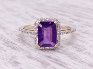 Emerald Cut Amethyst and Diamond Halo Ring in 14k Gold