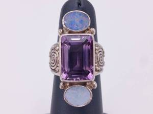 Sajen Signed Amethyst and Opal Adjustable Statement Ring