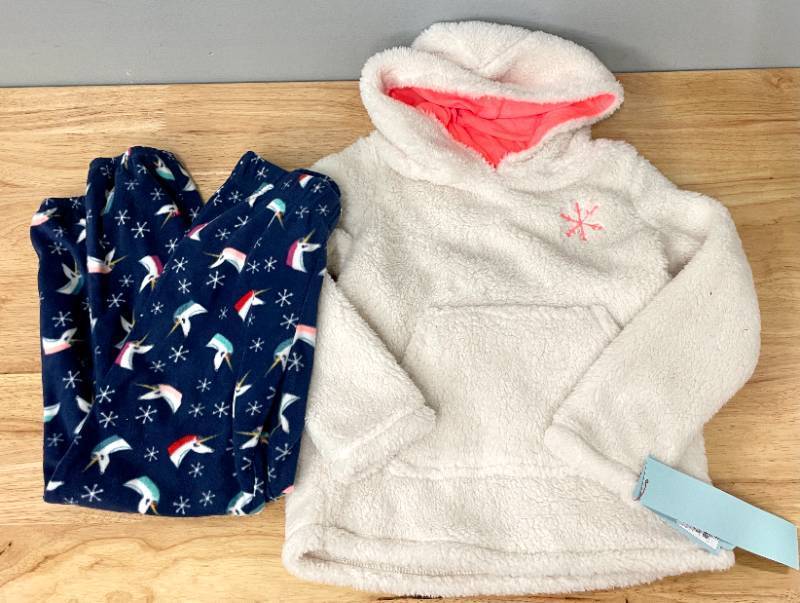 GIRLS UNICORN HOODED Soft Fleece PAJAMA SET Size M 7 8