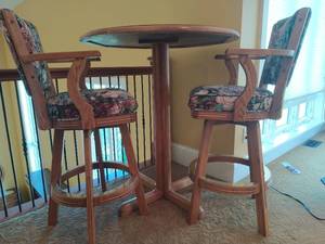 High-Top Bar Table With Two Floral High-Top Swivel Chairs