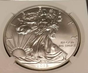 2015 AMERICAN SILVER EAGLE 1 TROY OZ. .999 FINE SILVER MS70 NGC EARLY RELEASE white coin (green is reflection from light)