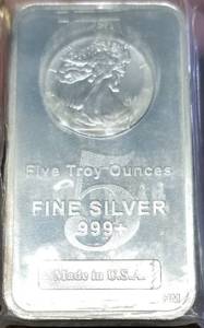 5 TROY OZ. .999 FINE SILVER BAR WALKING LIBERTY DESIGN