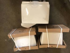 Mixed lot of toilet tanks & trash can - mixed conditions - see pictures