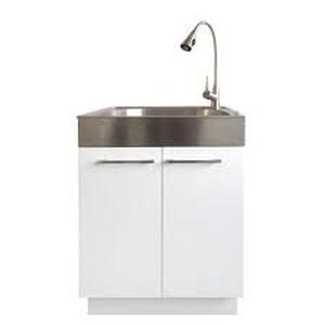 All-in-One 24.2 in. x 21.3 in. x 33.8 in. Stainless Steel Laundry Sink and White 2 Door Cabinet by Glacier Bay- slightly damaged- see pictures -FAUCET NOT INCLUDED