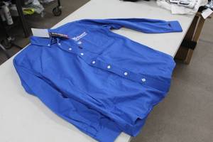 lot 213 image: Cinch WRX FR Long Sleeve Button Up Work Shirt Small Light Blue with logo Nuverra Environmental Solutions