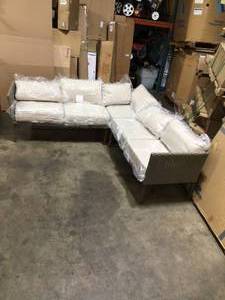 lot 18 image: Style Well Oakshire 3-Piece Steel Outdoor Patio Sectional Sofa Tan  Cushions see all pictures