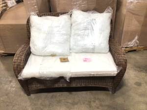lot 20 image: Hampton Bay FRS80812CL-BARE Beacon Park Wicker Outdoor Loveseat with Bare Cushions see all pictures