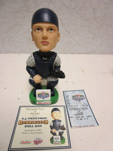 lot 126 image: A.J. PIERZYNSKI MINNESOTA TWINS CENTRAL DIVISION CHAMPIONS BOBBLEHEAD DOLL, W CARD, TICKET STUB
