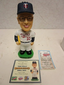 lot 131 image: TOM KELLY MINNESOTA TWINS BOBBLEHEAD DOLL, W AUTHENTIC COMMEMORATIVE CARD, TICKET STUB