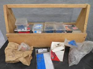 lot 88 image: WOODEN NAIL BOX FULL OF NEW NAILS AND CONCRETE ANCHORS