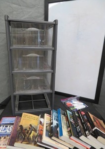 lot 119 image: WHITE ERASE BOARD, 3 DRAWER PLASTIC, BOOKS