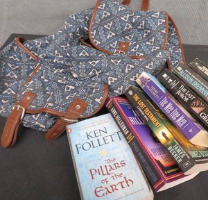 lot 122 image: LEATHER TRIMMED AREOPOSTALE BACK PACK FILLED WITH BOOKS