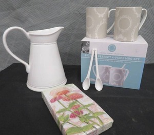 lot 125 image: CERAMIC PITCHER AND A NEW SET OF 2 MARTHA STEWART MUGS AND SPOONS.