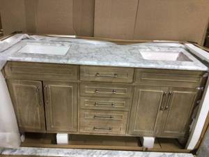 Home Decorator Collection Aberdeen 72 in. x 22 in. D Bath Vanity in Antique Oak with Carrara Marble Vanity Top in White with White Basins see all picture