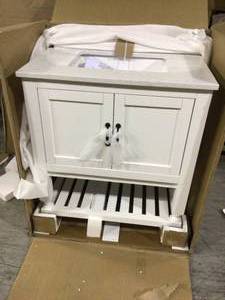 Home Decorators Collection Bankside 31 in. W x 22 in. D Bath Vanity in White with Engineered Marble Vanity Top in Carrara White with White Basin in good condition see all pictures
