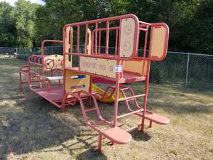 lot 331 image: Commercial Metal Fire Engine Theme Park Playground Set   with Two Plastic Slides