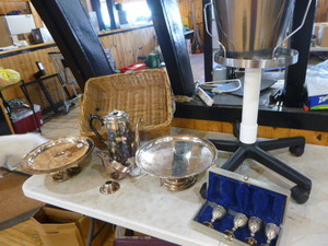 lot 62 image: Silver Serving Dishes and Coffee Pot