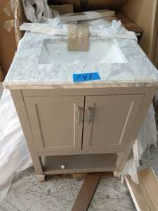 lot 141 image: HOME DECORATORS COLLECTION Everett 25 in. x 22 in. Vanity Cabinet in Grey with Carrara Marble Vanity Top in White with White Basin