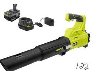 lot 122 image: RYOBI ONE 18V Brushless Whisper Series 110 MPH 410 CFM Cordless Battery Jet Fan Leaf Blower with 4.0 Ah Battery and Charger