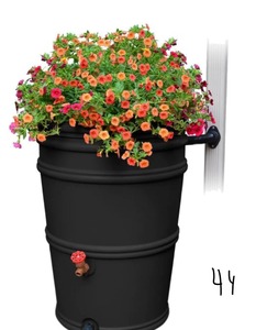 lot 44 image: RainStation 45 Gal. Recycled Black Rain Barrel with Diverter