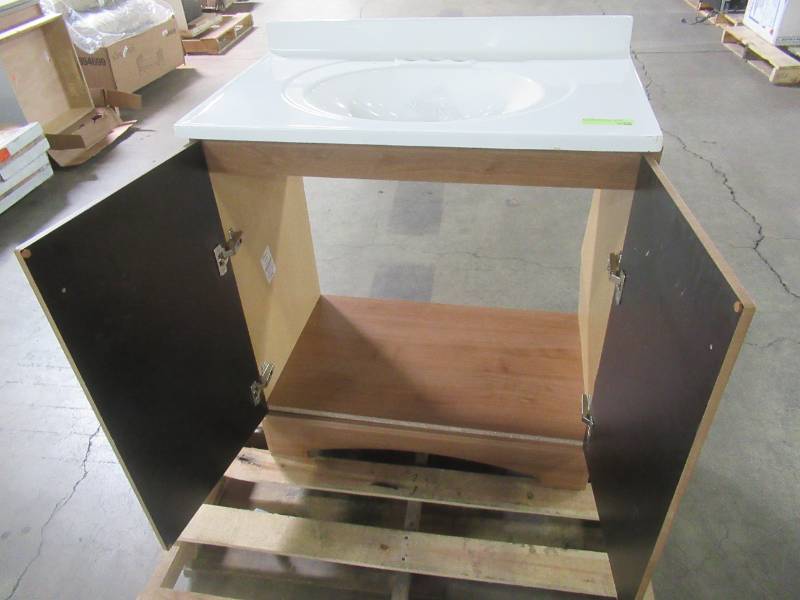 lot 203 image: Glacier Bay 30 in. Vanity in Golden Pecan with AB Engineered Composite Vanity Top in White, GB30P2-WA - CRACKED SIDES LOOSE DOORS.