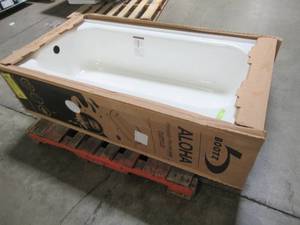 lot 508 image: Bootz Industries Aloha 60 x 30 x 14 14 Left Drain Rectangular Alcove Soaking Bathtub in White, Enamel Damage LH Front Corner and RH Back Corner.