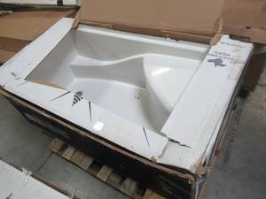 lot 521 image: Aquatic Coronado 60 in. x 30 in. Single Threshold Acrylx Applied Acrylic Shower Pan with Left Drain, Right Seat in White, Slight damage on tile flange.